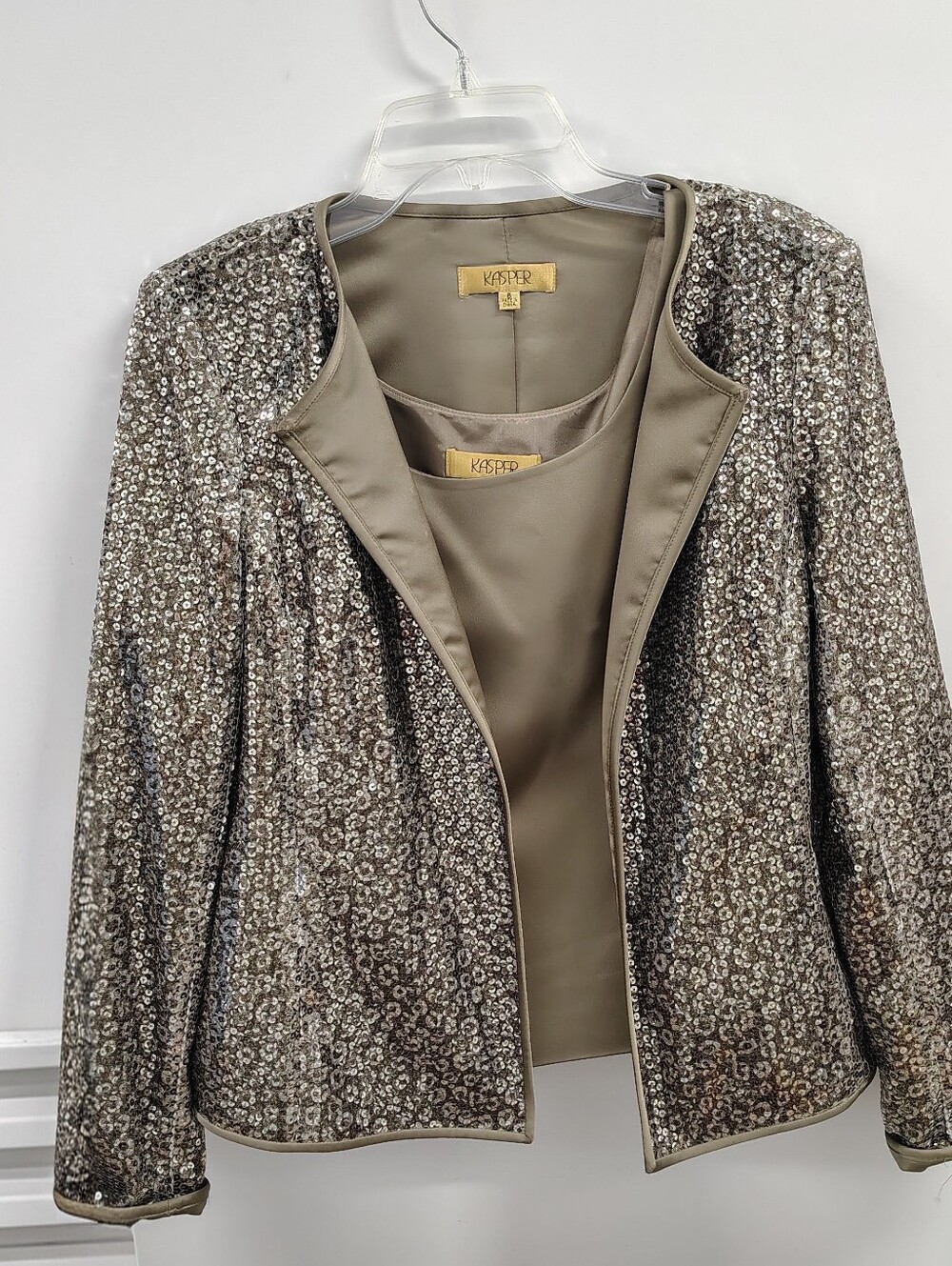 VTG Kasper Set: Taupe Sequin Blazer & Silky Liquid Bronze Tank Top Sz 6